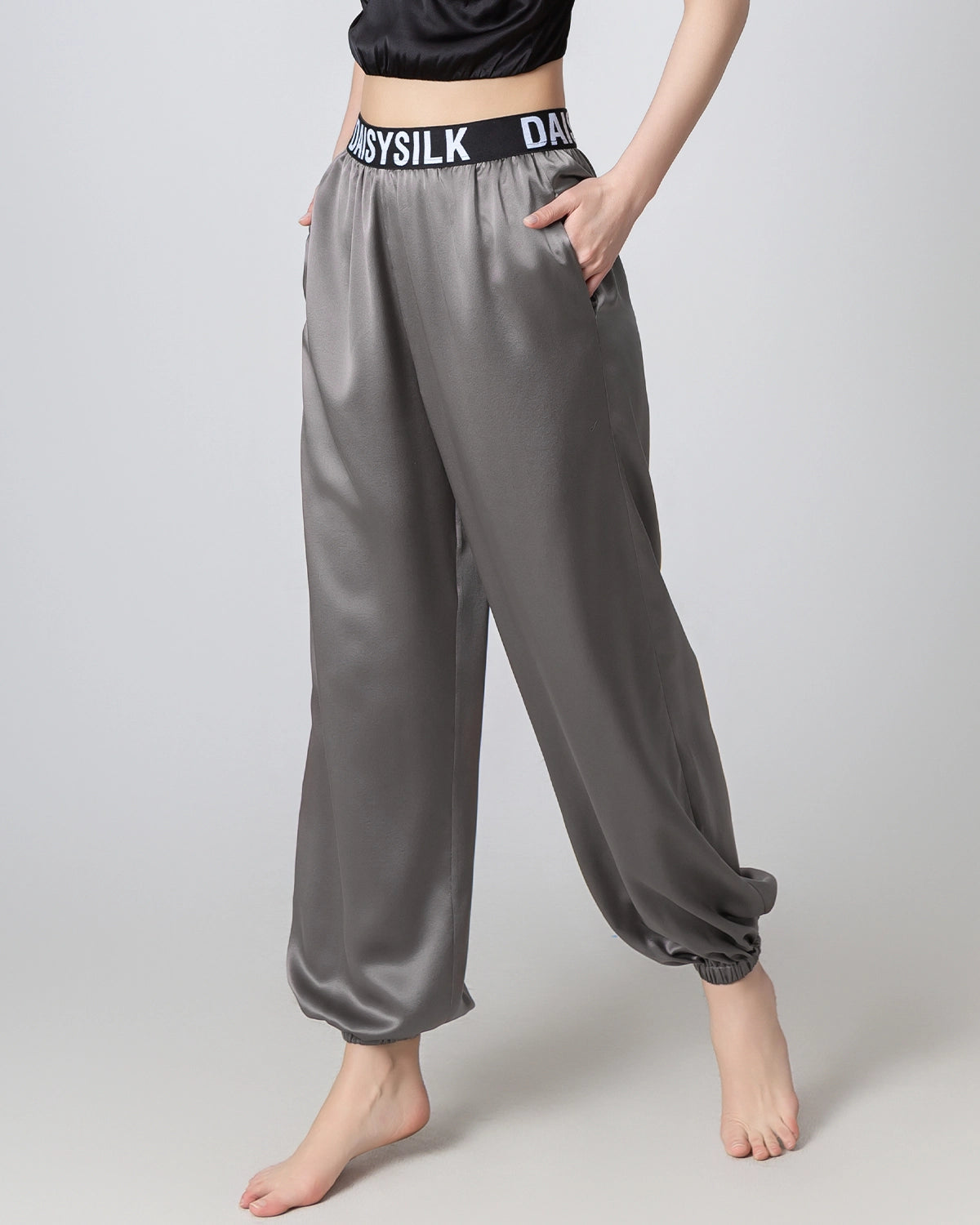 Elastic Waist Loose Ankle Cuffed Silk Pant for Women