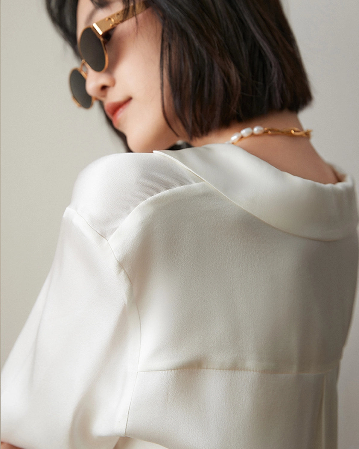 V-neck Lapel Collar Silk Blouse