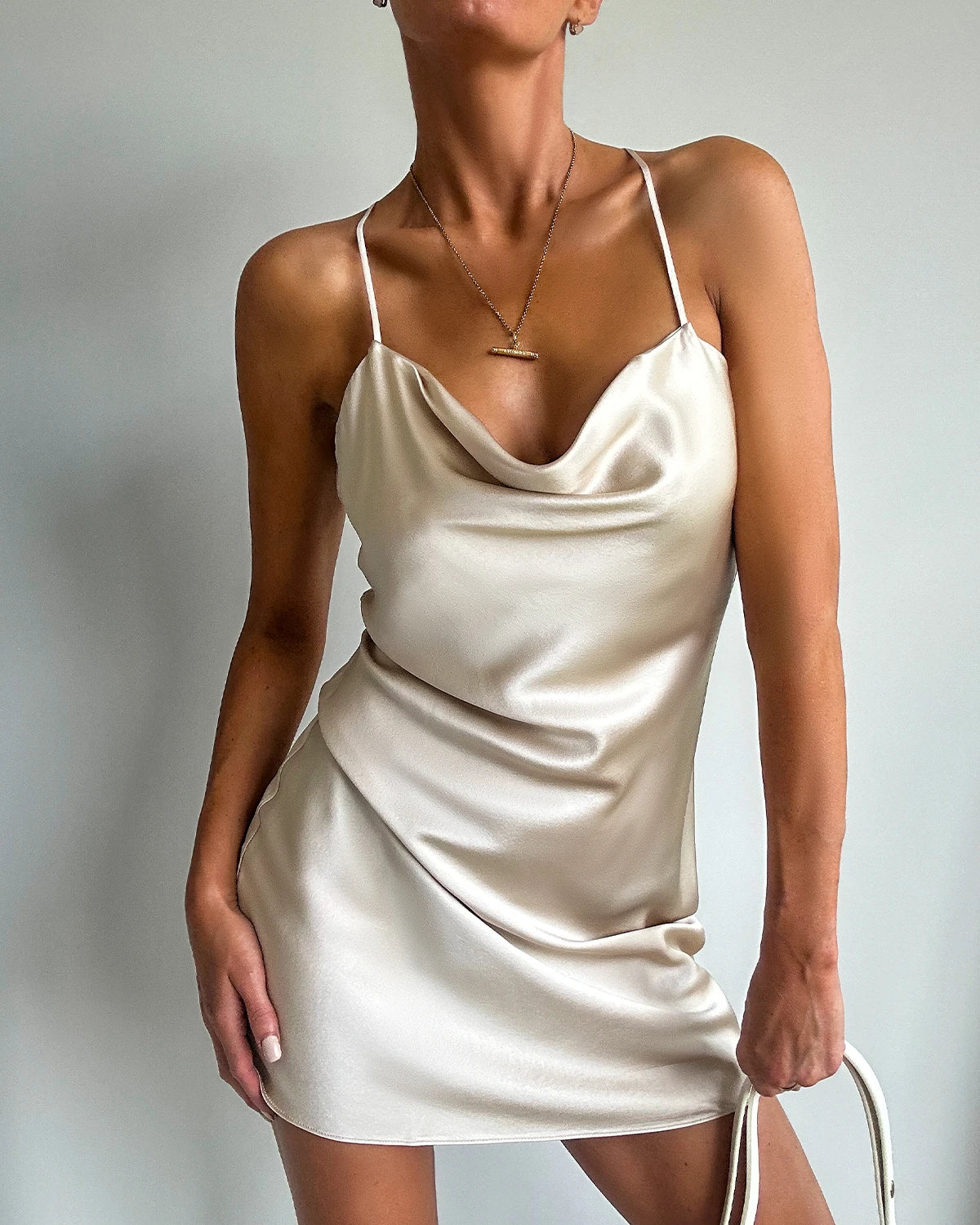 Cowl Neck Cross Back Mini Silk Dress