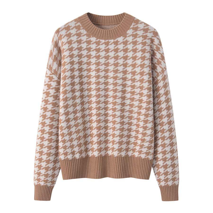 Cashmere Round Collar Houndstooth Sweater
