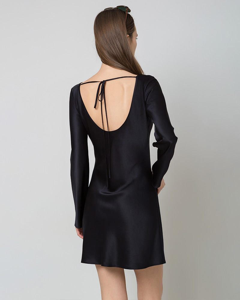 Silk Open-Back Long Sleeve Mini Dress