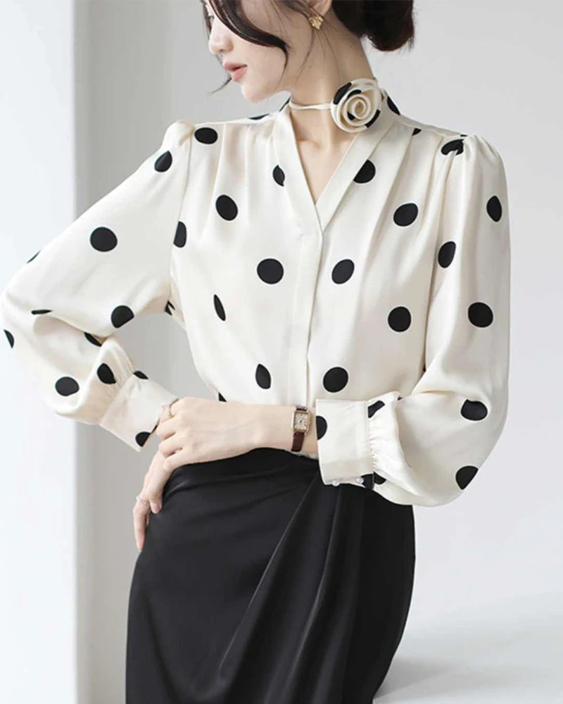 Polka Dot Silk Blouse with Rose Choker