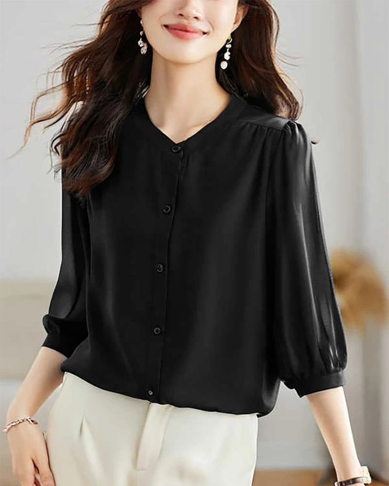 Round Neck 3/4 Sleeve Silk Blouse