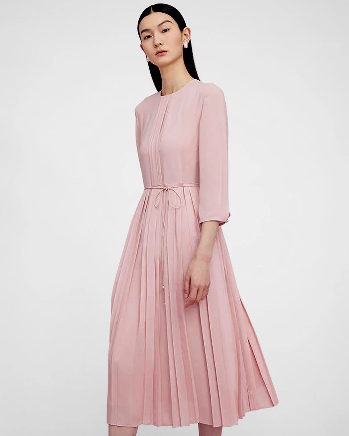 Pleated 3/4 Sleeve Silk Dress