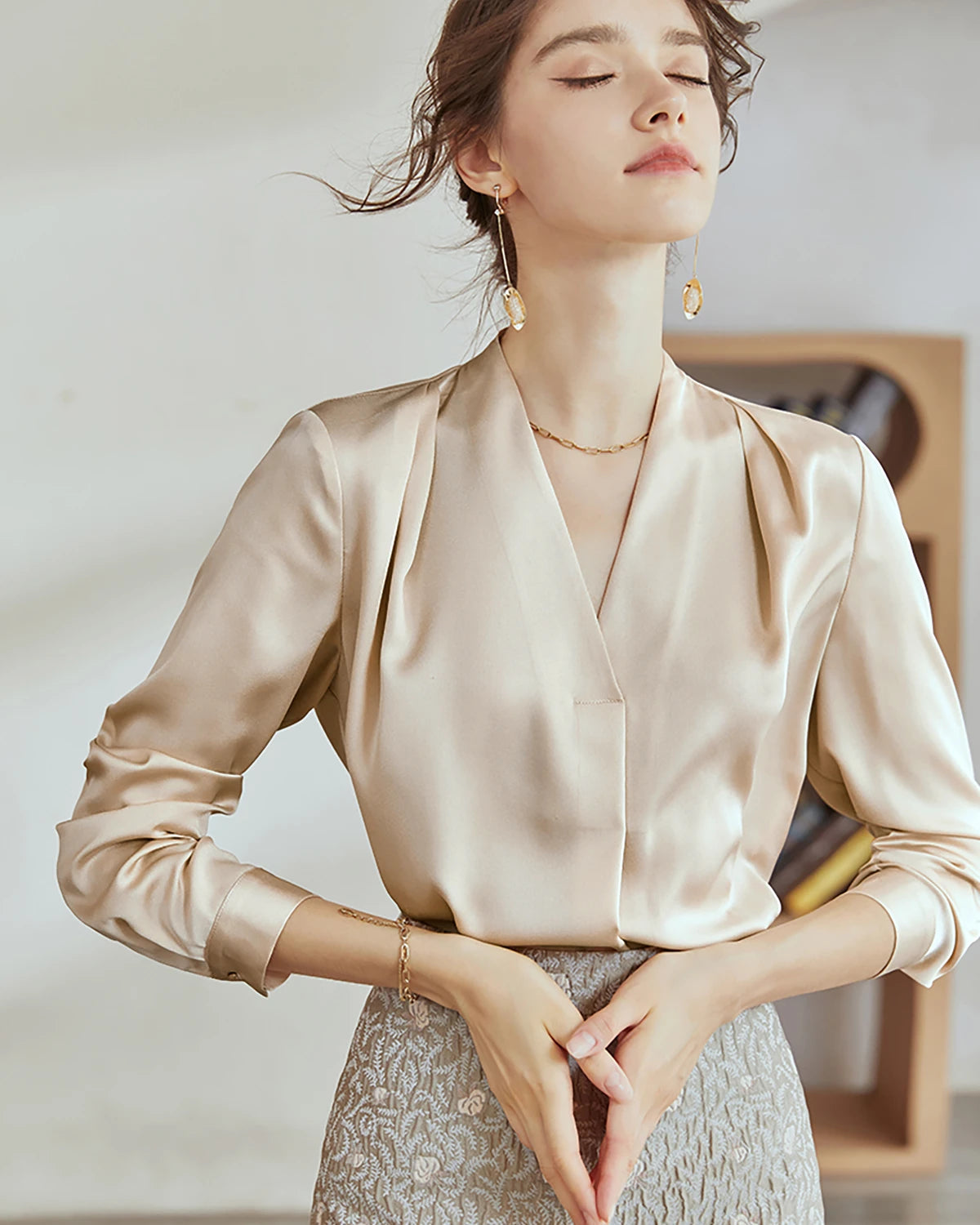 V-Neck Silk Pleated Blouse