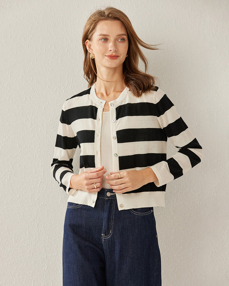Striped Button Up Cashmere Cardigan