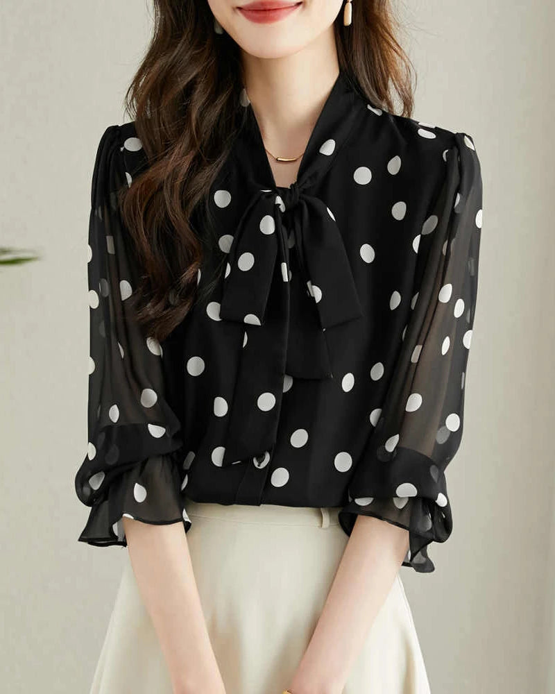 Polka Dot Silk Blouse with Ruffles