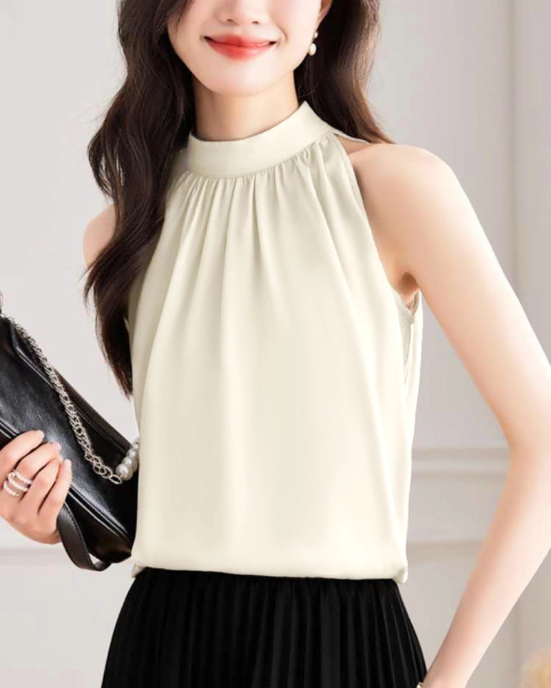 Mock Neck Sleeveless Silk Blouse