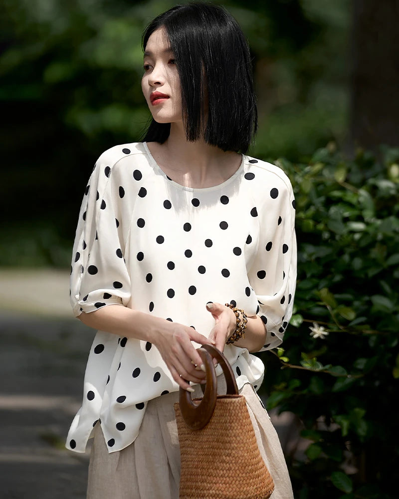 Round Neck Polka Dot Silk Blouse