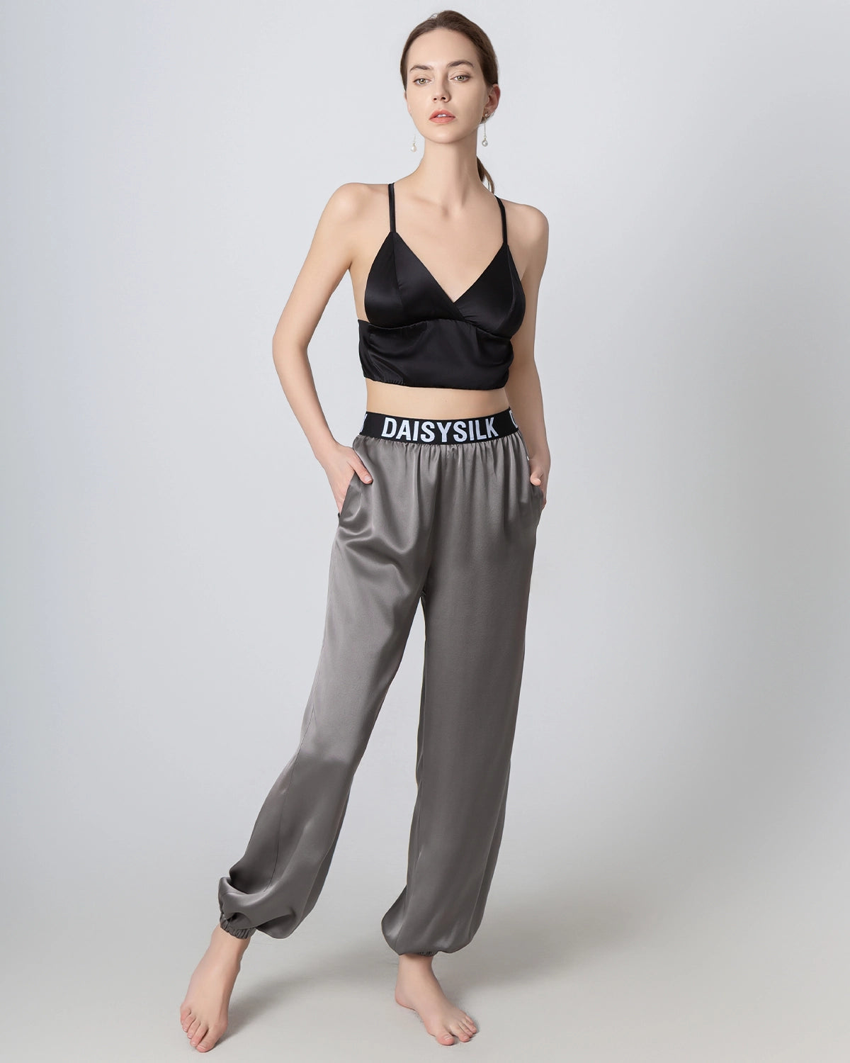 Elastic Waist Loose Ankle Cuffed Silk Pant for Women