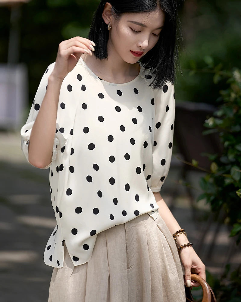 Round Neck Polka Dot Silk Blouse