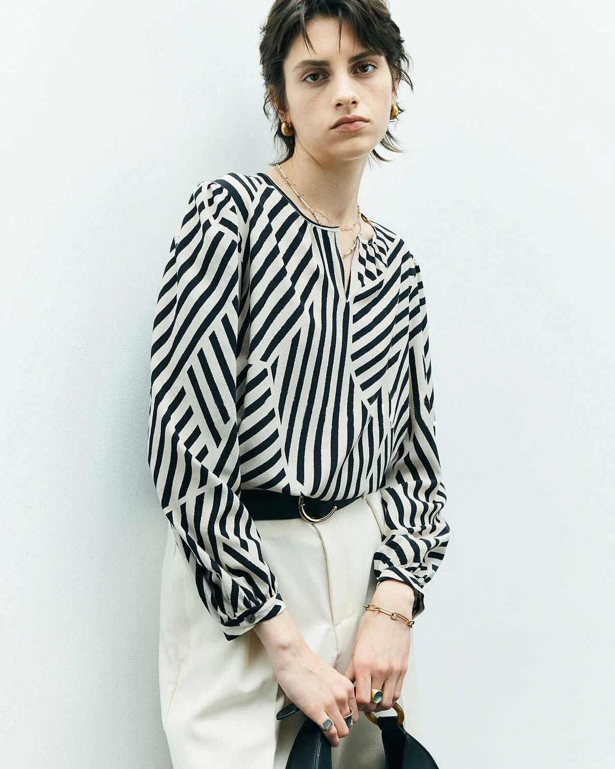Geometric Stripe Silk Blouse