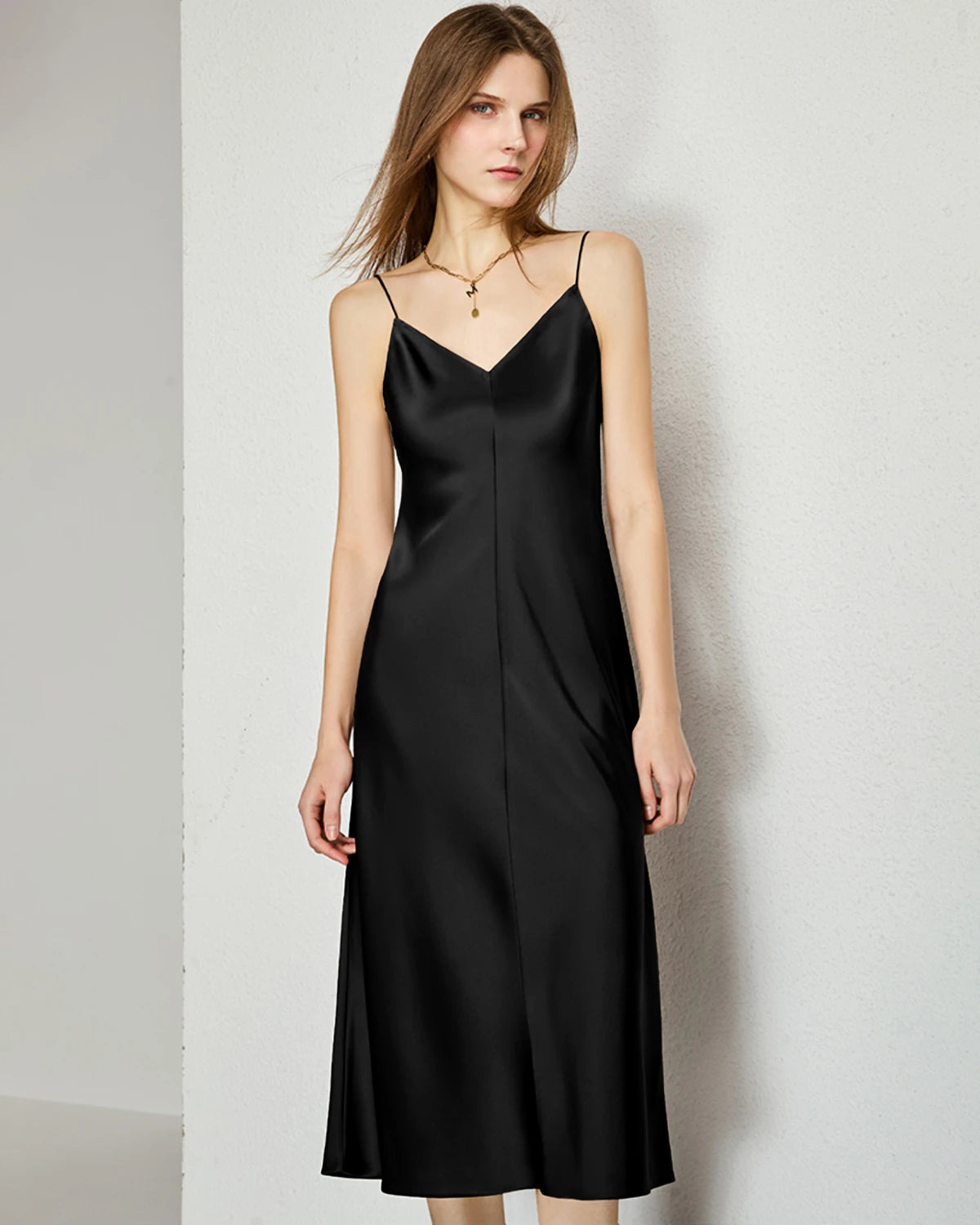 V-neck Silk Slip Midi Dress