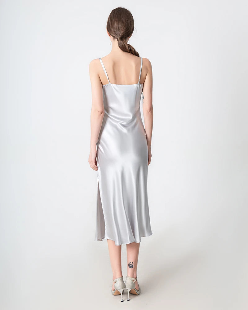 Slit Cowl Neck Midi Silk Dress