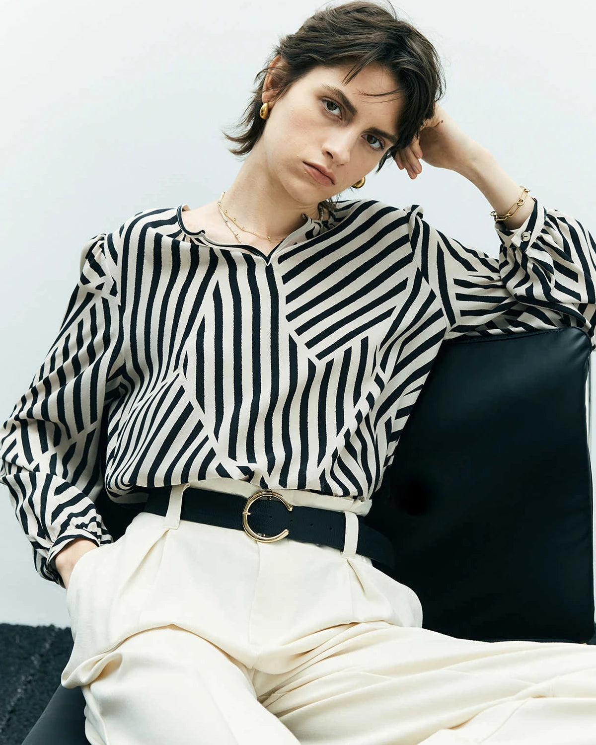 Geometric Stripe Silk Blouse
