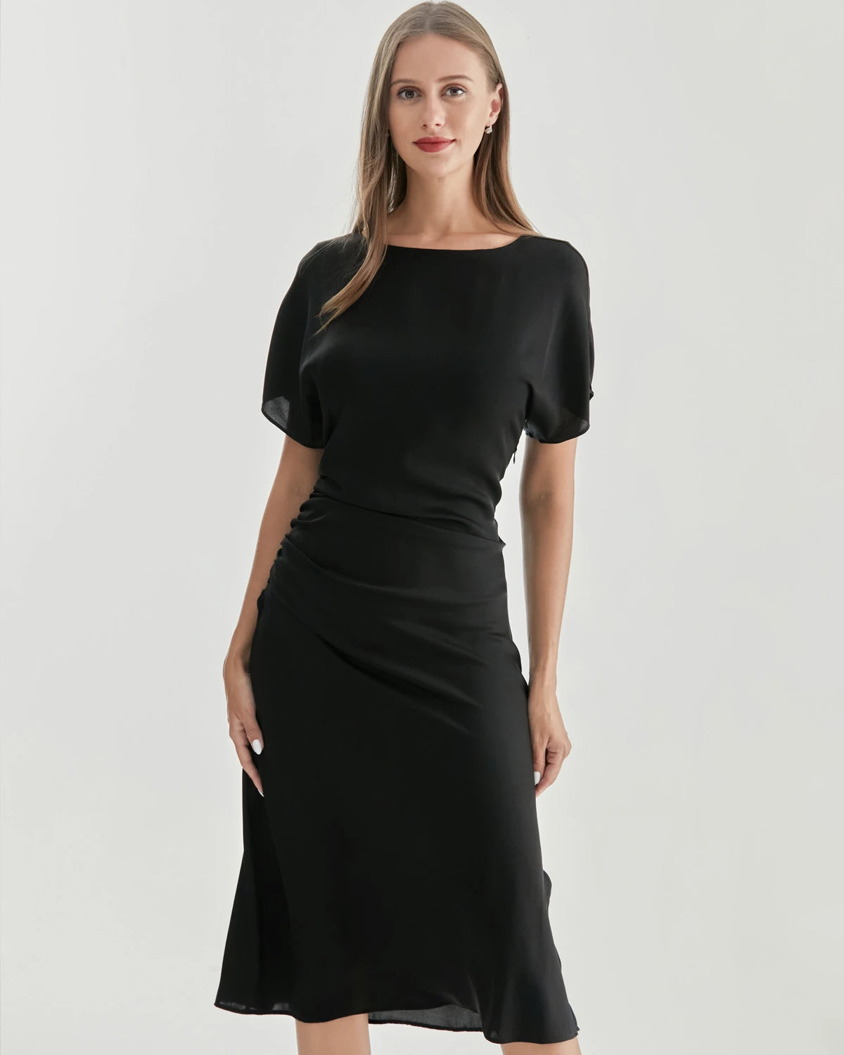 Silk Short Sleeve Pleated Dress