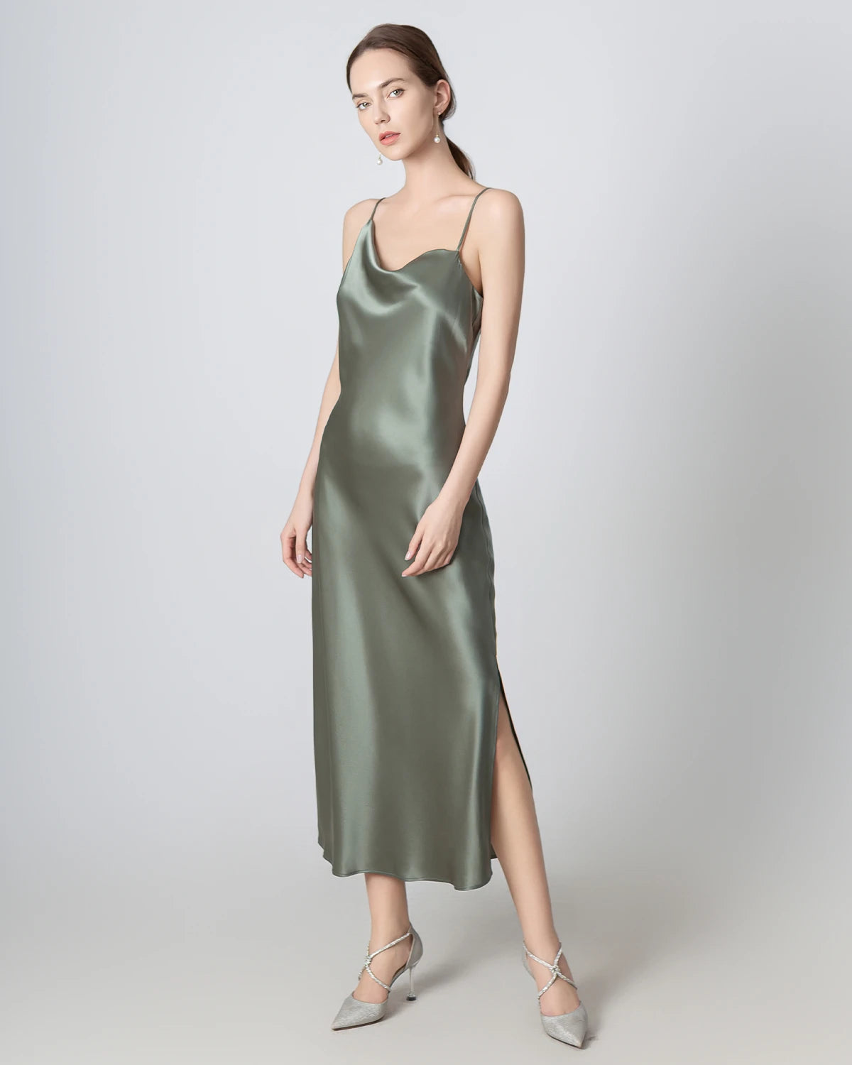 Slit Cowl Neck Midi Cami Silk Dress