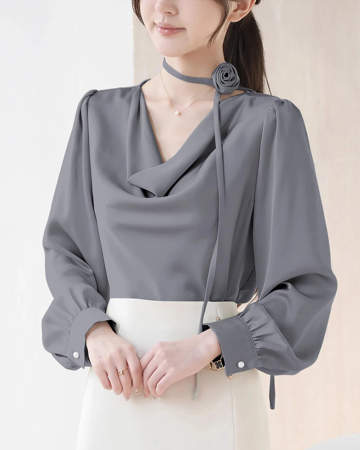 Elegant Draped Collar Silk Blouse