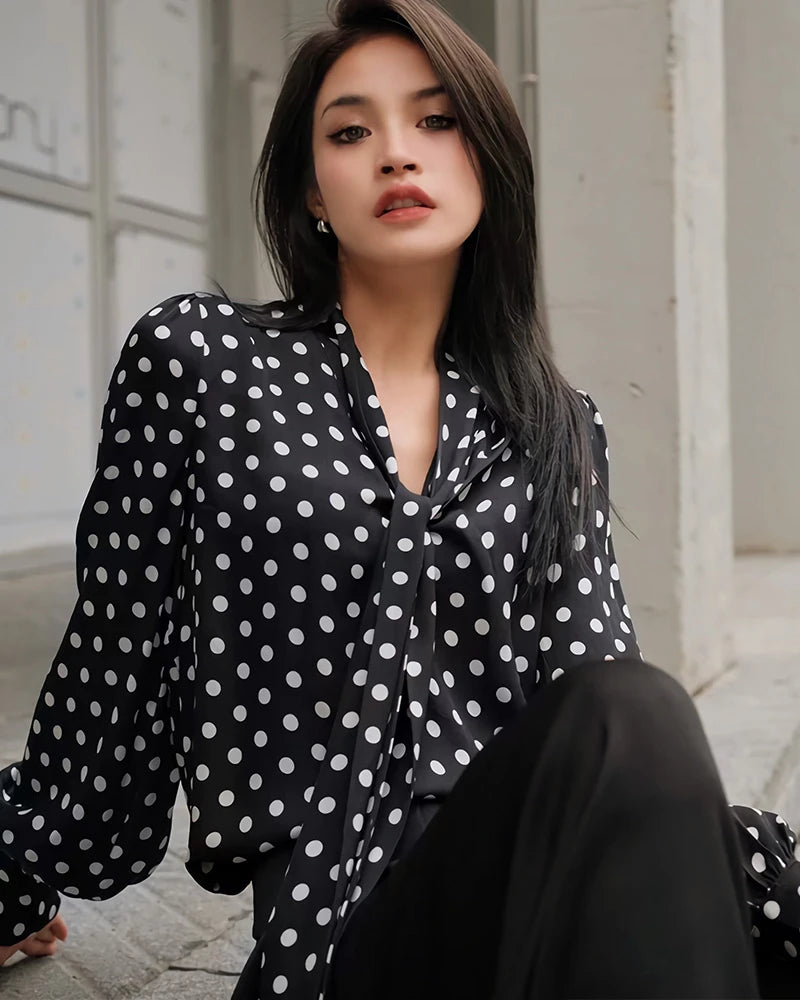 Tie Front Polka Dot Silk Blouse