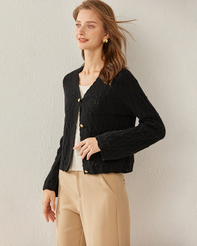 V-Neck Cable Knit Cashmere Cardigan