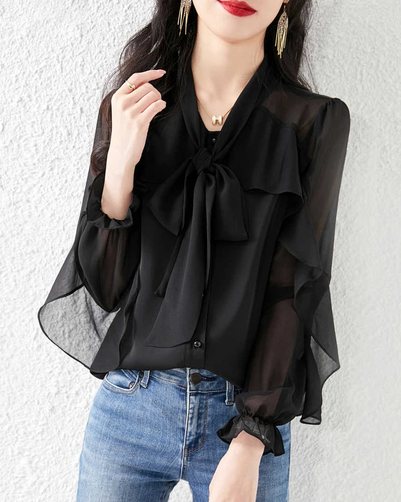 Silk Sheer Ruffle Sleeve Blouse