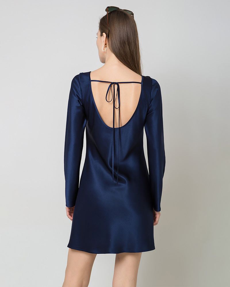 Silk Open-Back Long Sleeve Mini Dress