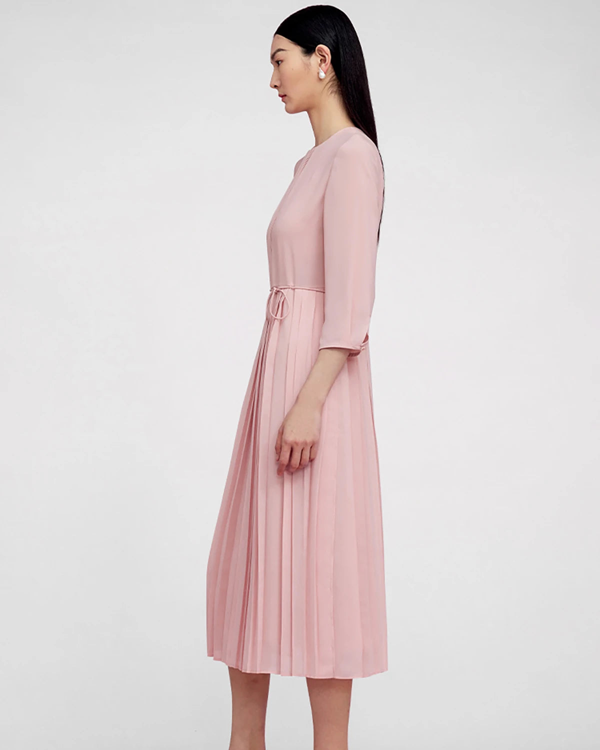 Pleated 3/4 Sleeve Silk Dress