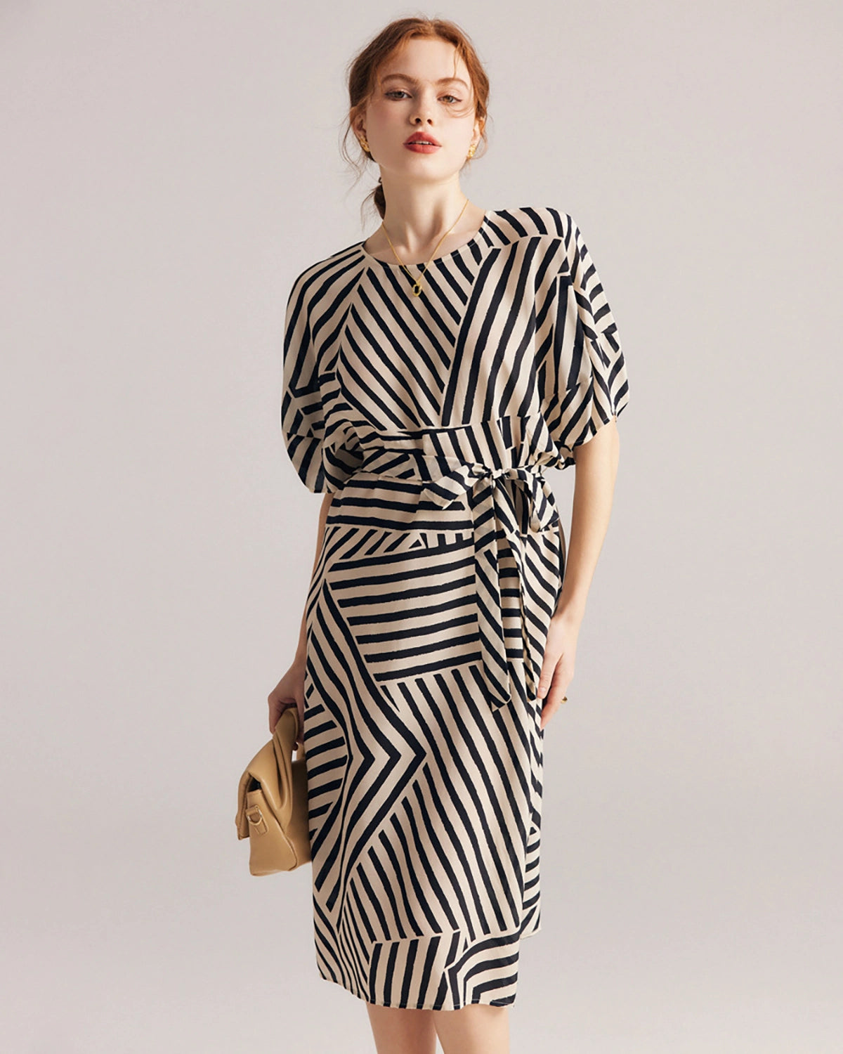 Women's Striped Belted Silk Dress