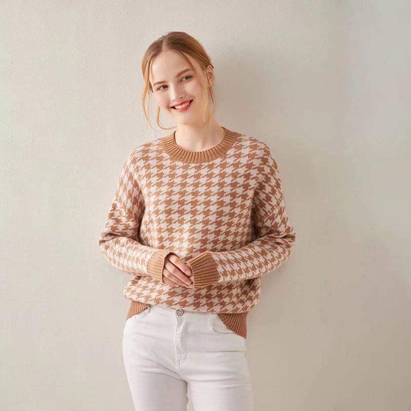Cashmere Round Collar Houndstooth Sweater