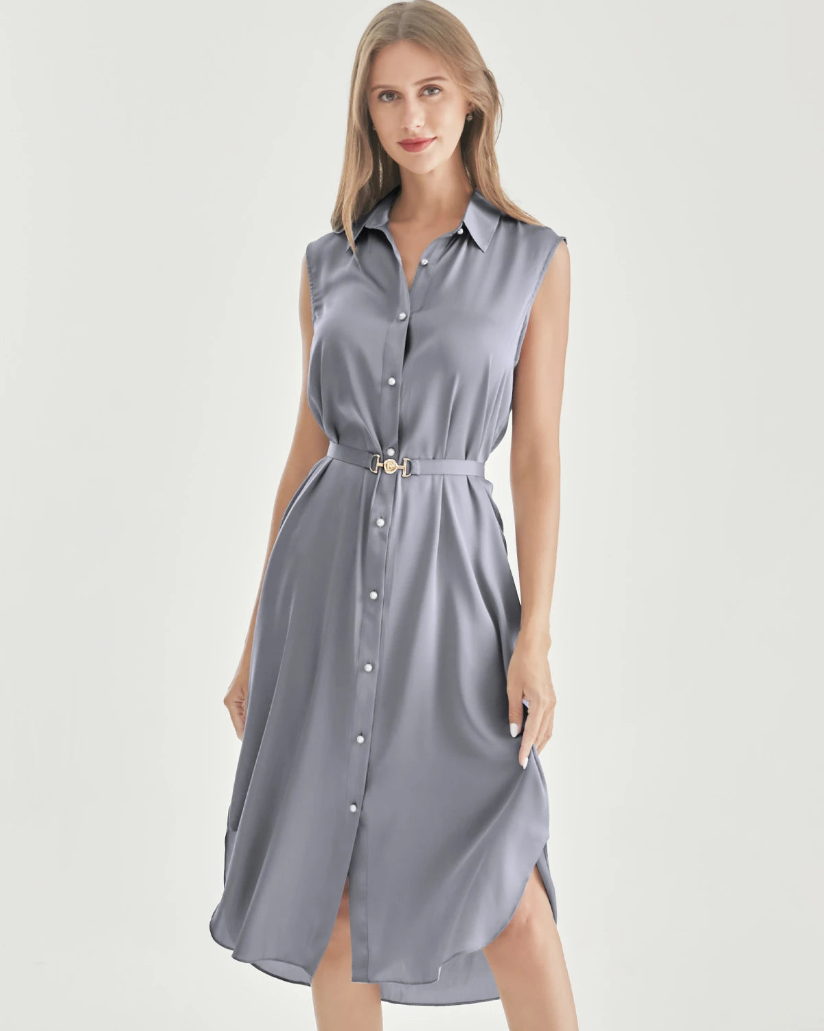 Belted Shirt Dress Sleeveless Silk Dress
