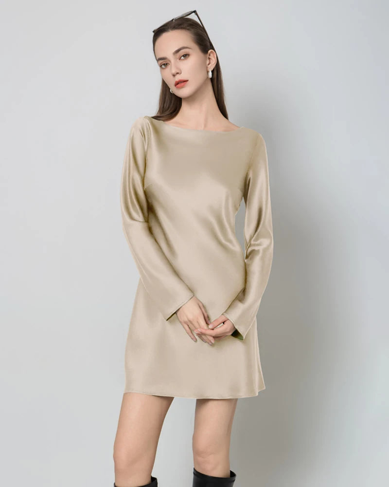Silk Open-Back Long Sleeve Mini Dress