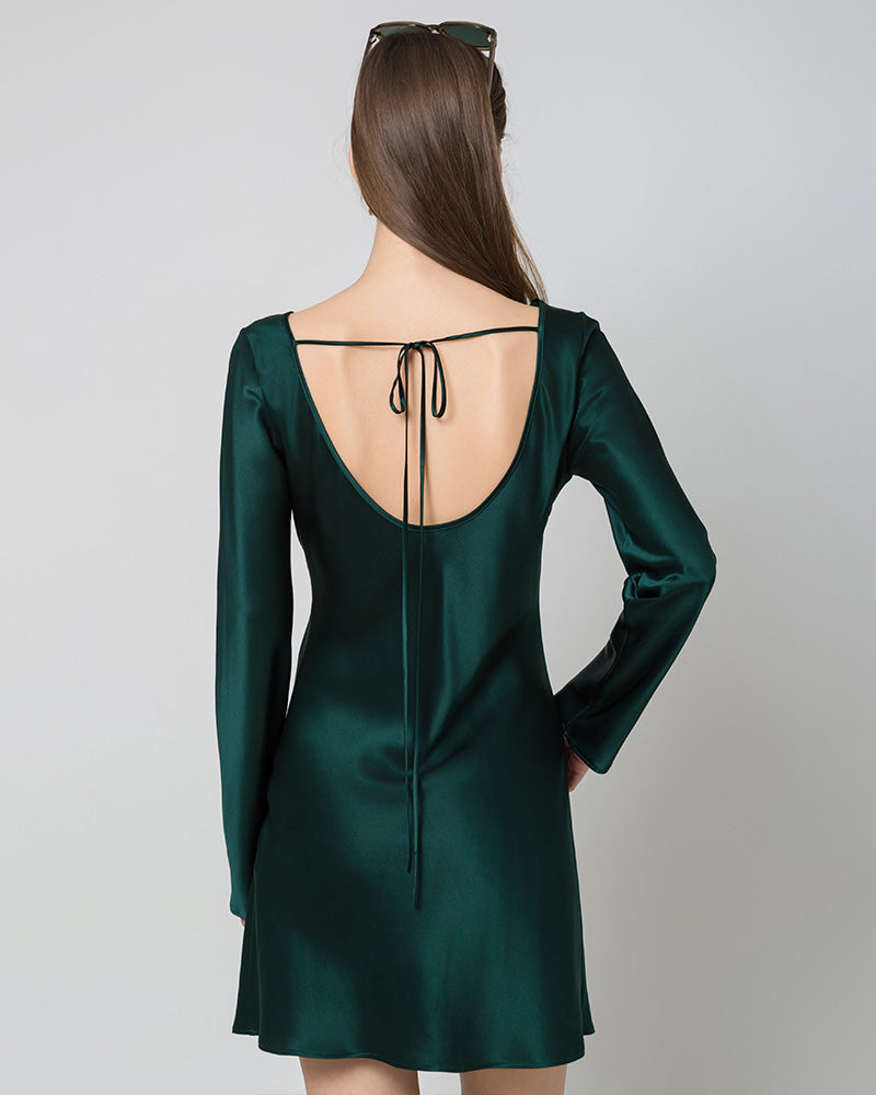 Silk Open-Back Long Sleeve Mini Dress