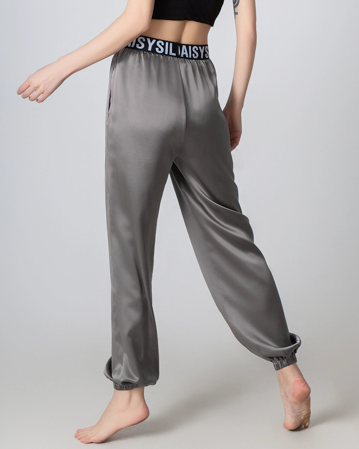 Elastic Waist Loose Ankle Cuffed Silk Pant for Women